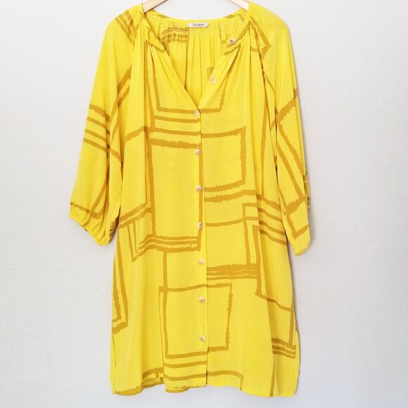 Tucker NYC 100% Silk Dress Yellow Button Front Mini Dress S Shift Flowy Artsy - Picture 2 of 16